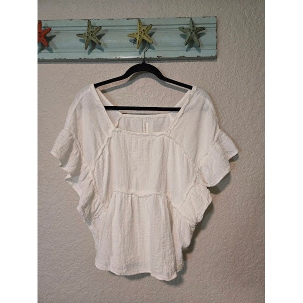 Anthropologie White‎ Cotton Gauze Peplum Blouse Flutter Sleeve Square Neck Small